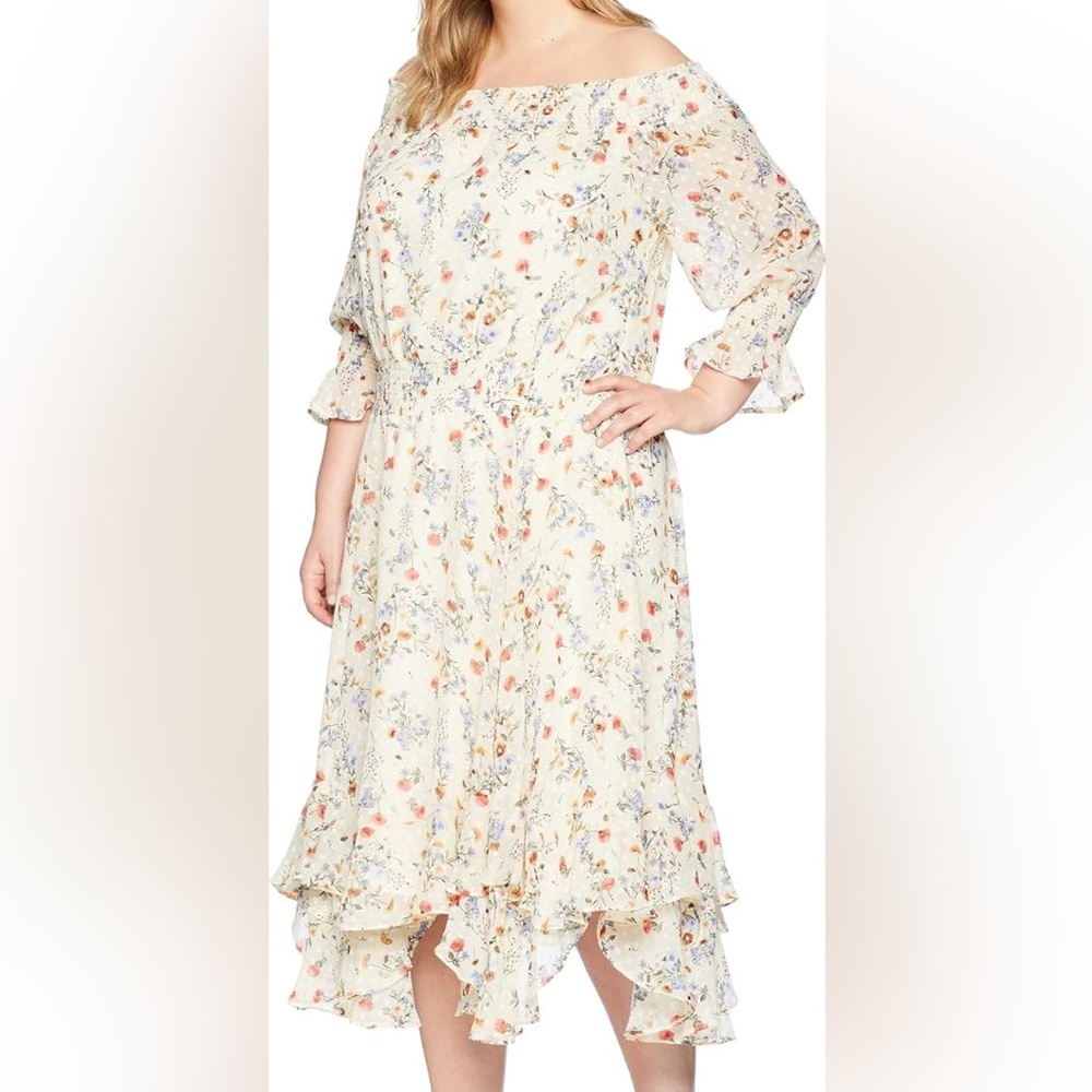 ❗️ Tahari Arthur S. Levine Midi ruffled off shoulder floral garden party dress